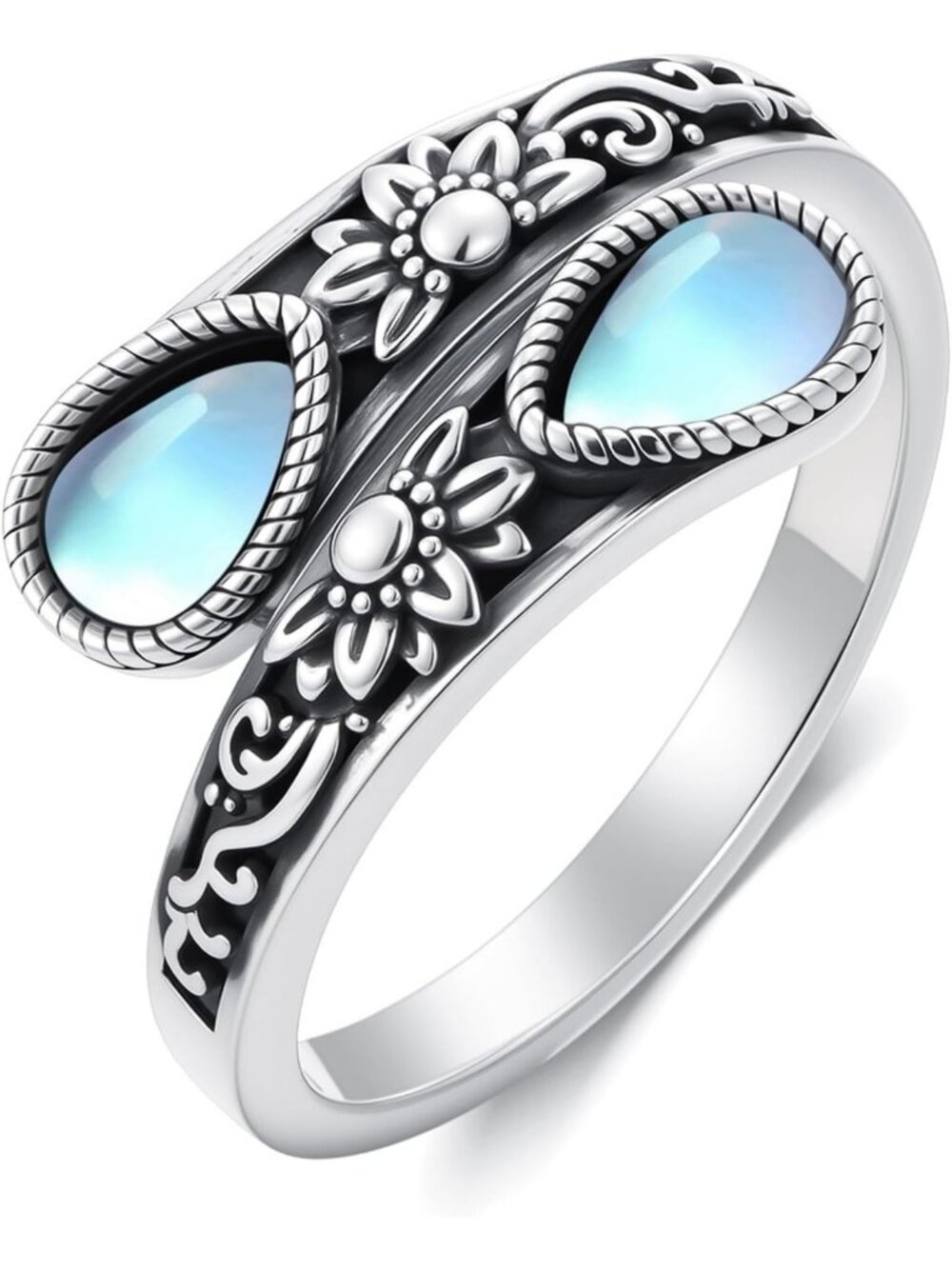 Elegant White Gold Plated Teardrop Moonstone Adjustable Vintage Open Ring for